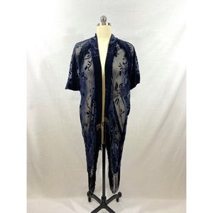 Velvet navy burnout kimono with fringe
